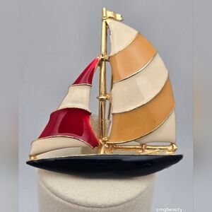 Vintage Enamel Sailboat Brooch Gold Tone Red, Cream & Yellow Whimsical Retro